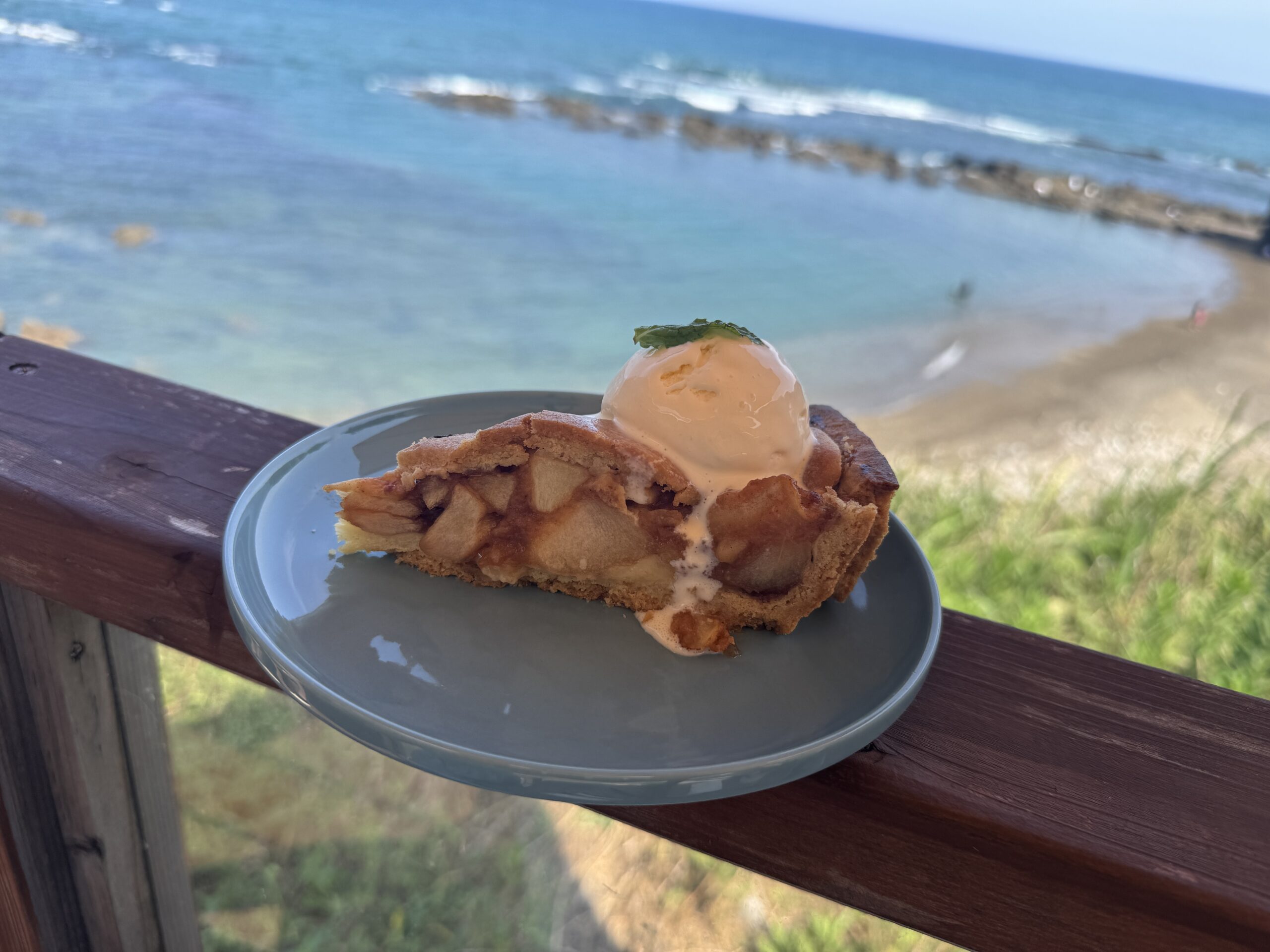 久之浜の海を背景にしたアイス添えのアップルパイ